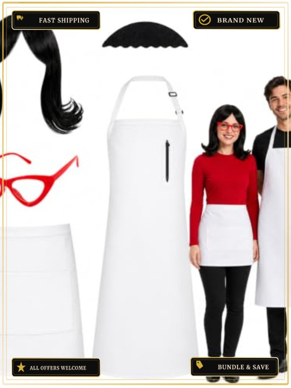 Halloween Restaurant Couple Costume Set Wig Apron Glasses Beard